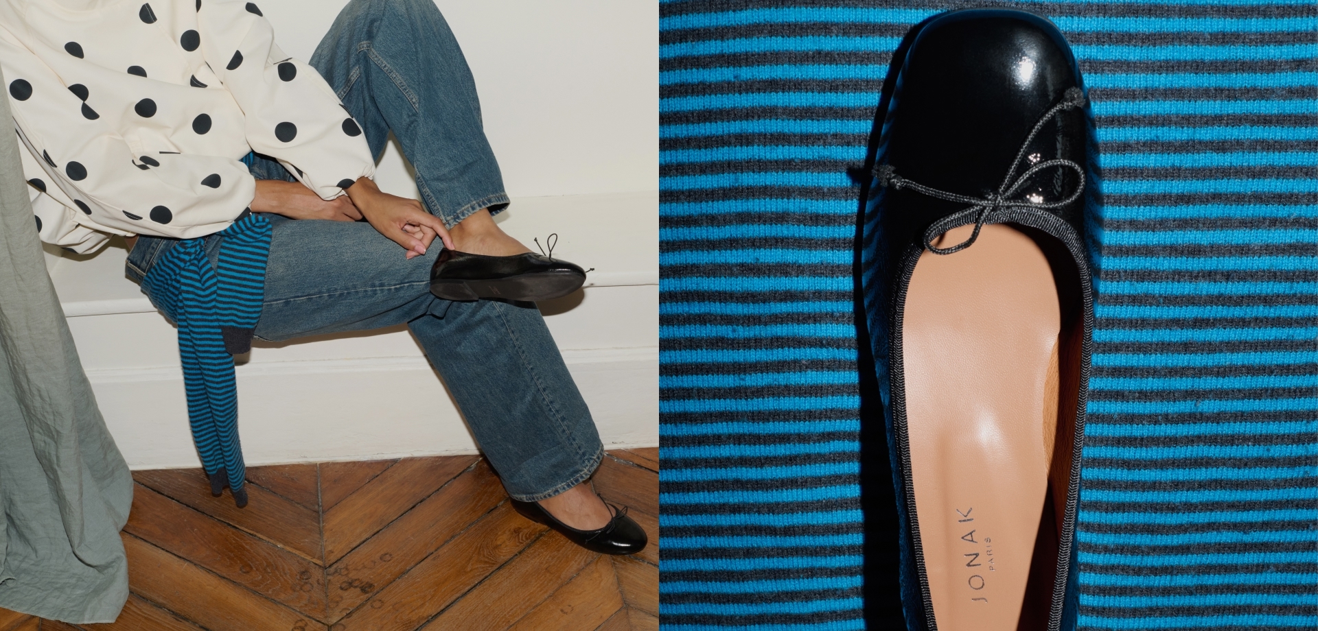 Ballerines Jonak en cuir noir, portées avec un jean et un chemisier à pois